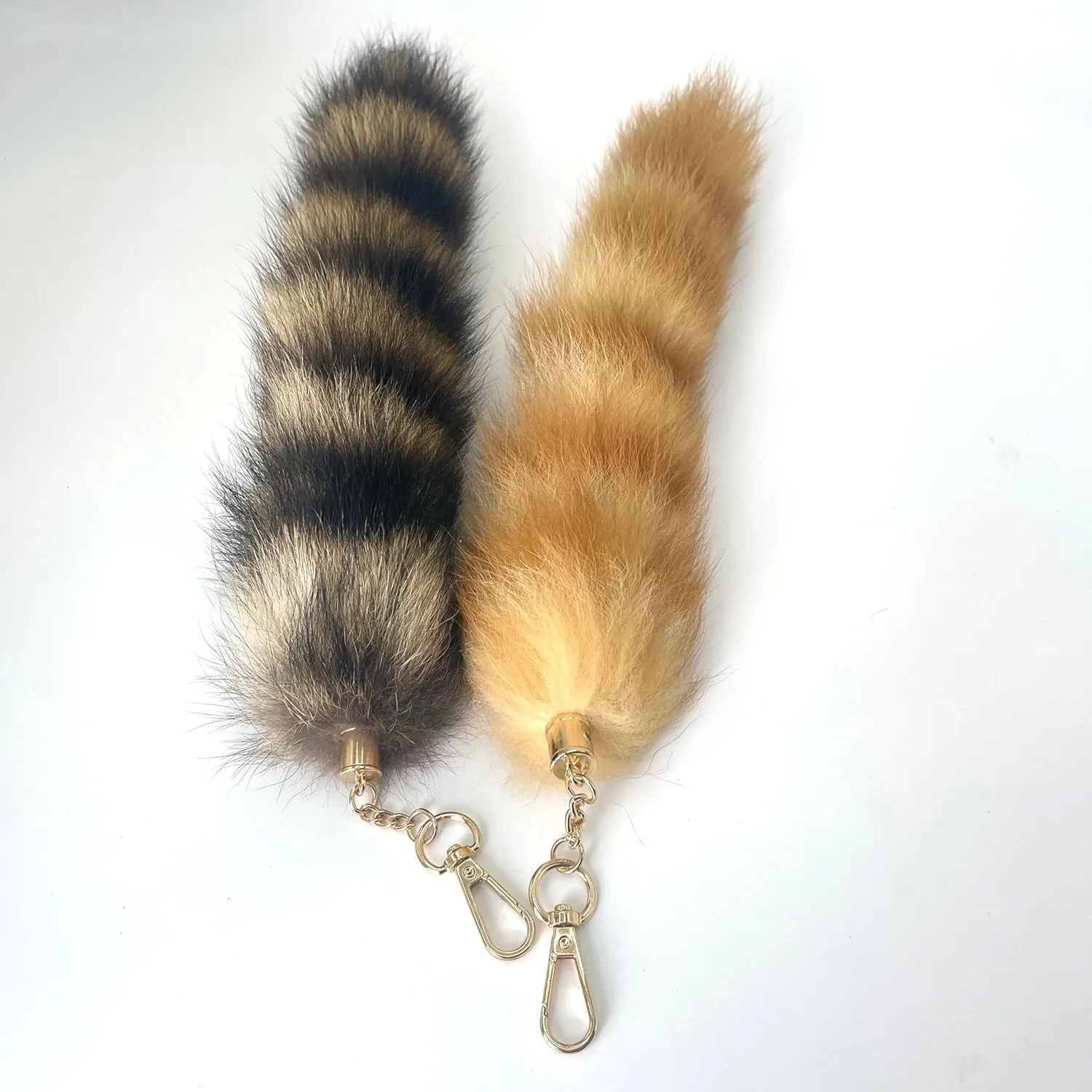 2pcs Therian Raccoon Tail Keychain, Gold and Brown Fluffy Bag Charm, Cosplay Accessory
