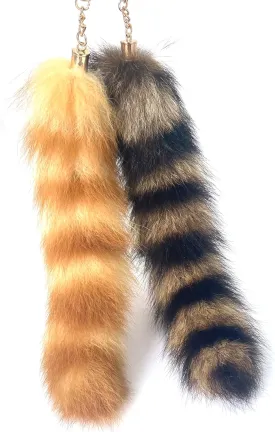 2pcs Therian Raccoon Tail Keychain, Gold and Brown Fluffy Bag Charm, Cosplay Accessory