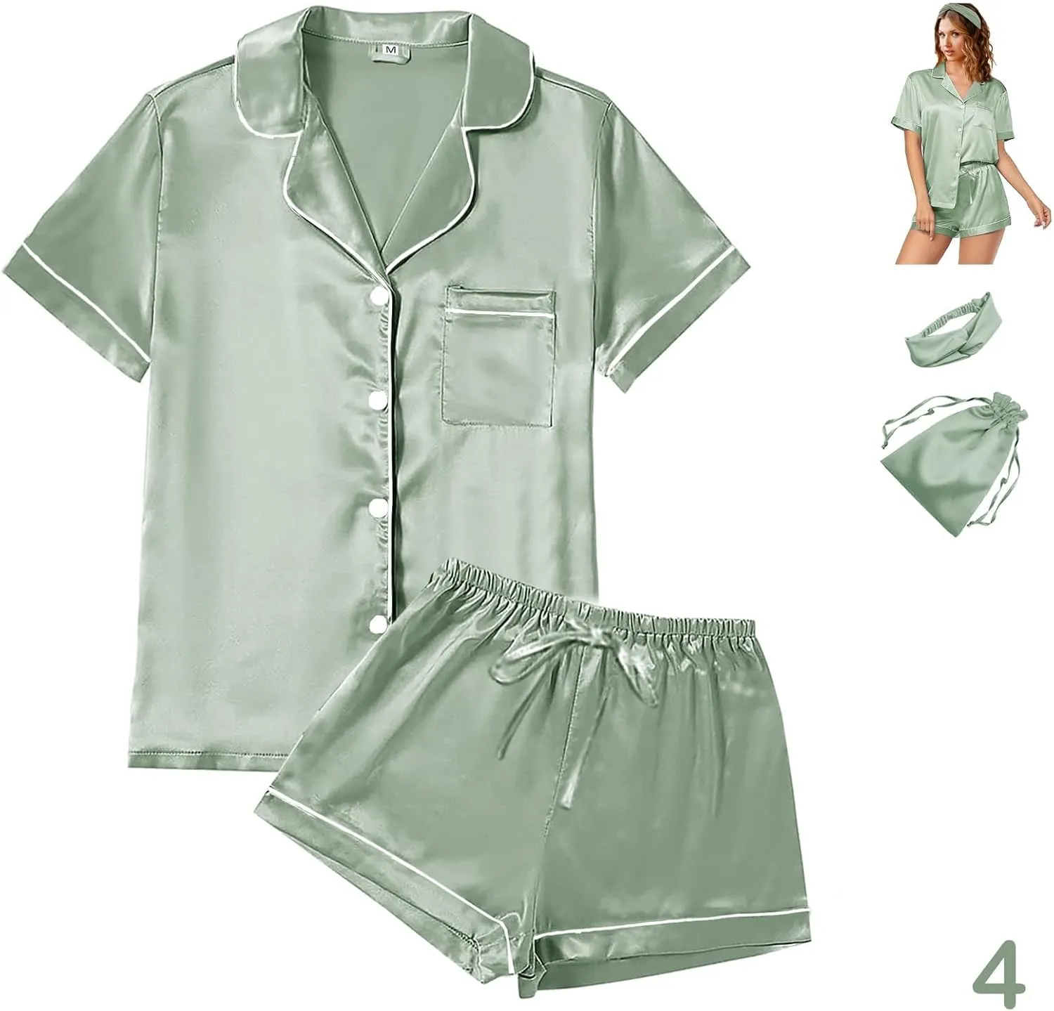 4Pcs Womens Satin Silky Pajama Sets Short Sleeve Shirt XS-4XL Floral Pajamas Set Soft PJ Loungewear Sleepwear