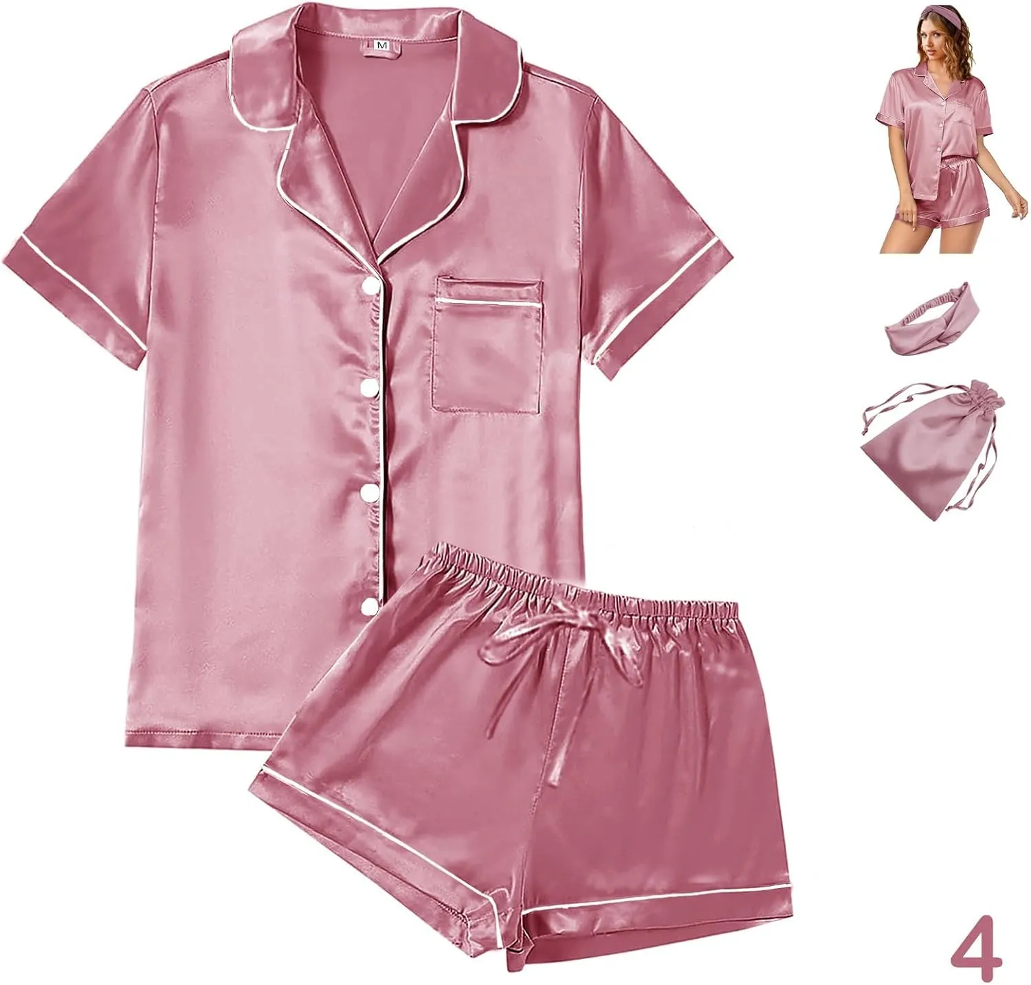 4Pcs Womens Satin Silky Pajama Sets Short Sleeve Shirt XS-4XL Floral Pajamas Set Soft PJ Loungewear Sleepwear