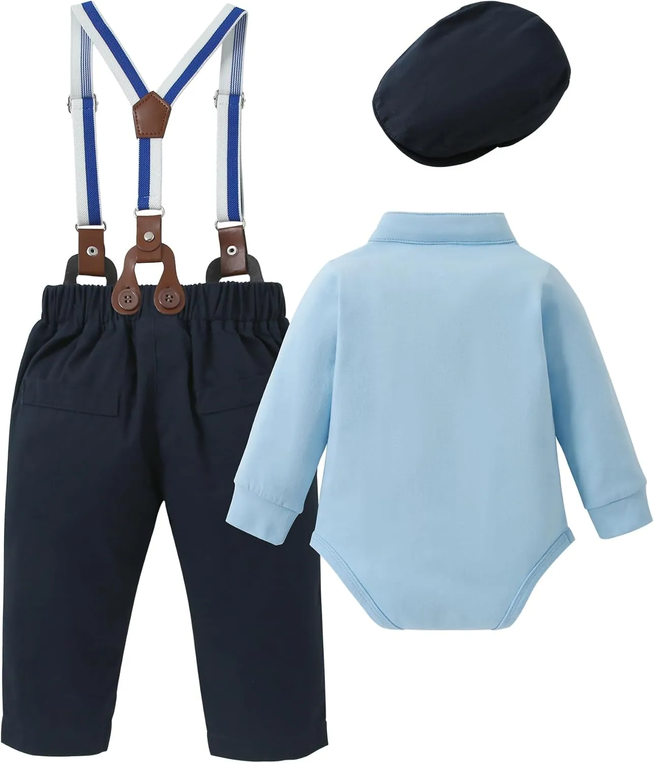 Baby Boy Clothes Suits 0-24M Infant Gentleman Outfit Long Sleeve Dress Shirt Suspender Pants Bowtie Beret Wedding Set