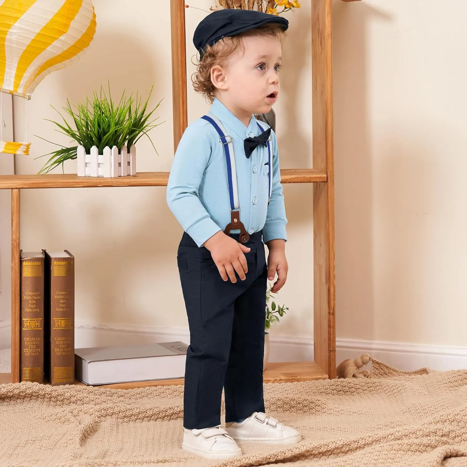 Baby Boy Clothes Suits 0-24M Infant Gentleman Outfit Long Sleeve Dress Shirt Suspender Pants Bowtie Beret Wedding Set