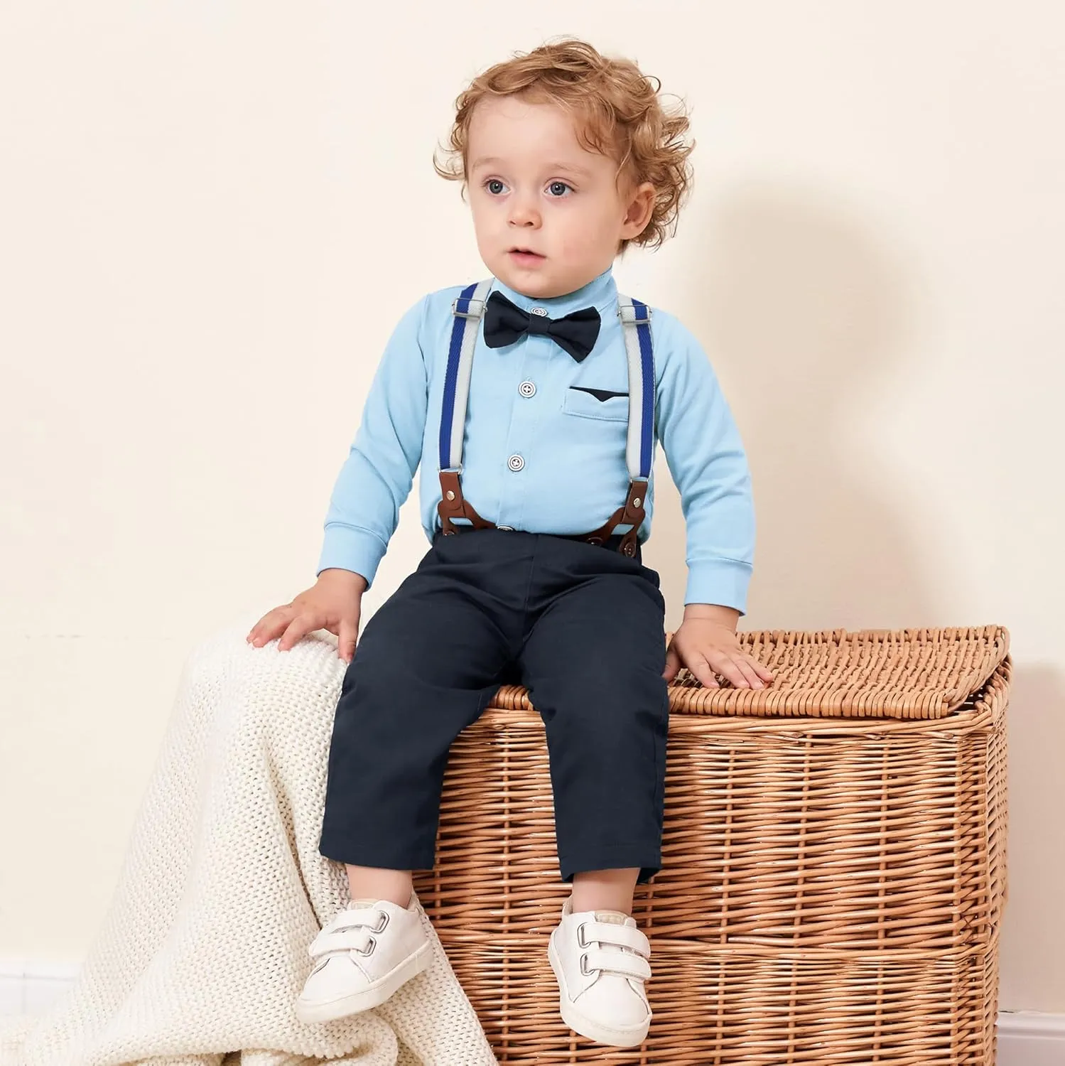 Baby Boy Clothes Suits 0-24M Infant Gentleman Outfit Long Sleeve Dress Shirt Suspender Pants Bowtie Beret Wedding Set