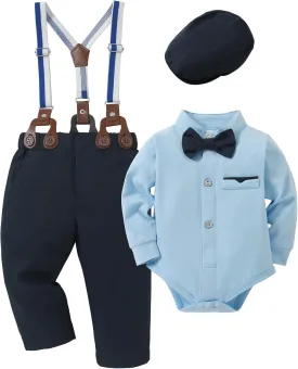Baby Boy Clothes Suits 0-24M Infant Gentleman Outfit Long Sleeve Dress Shirt Suspender Pants Bowtie Beret Wedding Set