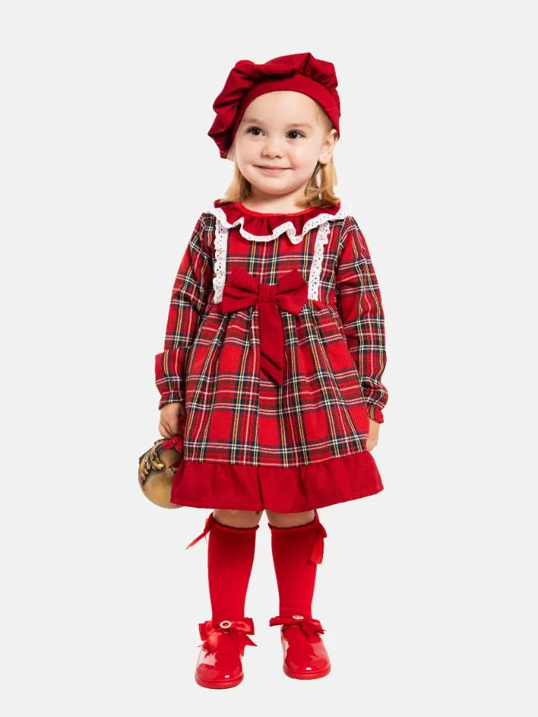 Baby Girl Star Collection Tartan Dress with Beret-Red