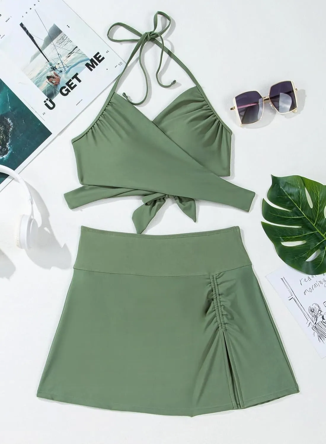 Herseas Women's Bikini Set 2 Piece High Waisted Swimsuit Halter Wrap Top Split Swim Skirt Bathing Suit