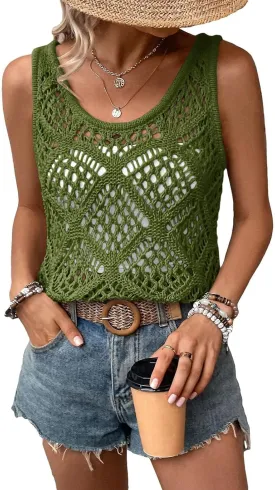 Imily Bela Womens Summer Crochet Tank Tops Knit Sleeveless Scoop Neck Sweater Vest Boho Hollow Out Cover Ups