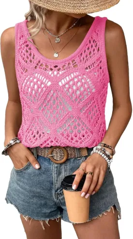 Imily Bela Womens Summer Crochet Tank Tops Knit Sleeveless Scoop Neck Sweater Vest Boho Hollow Out Cover Ups
