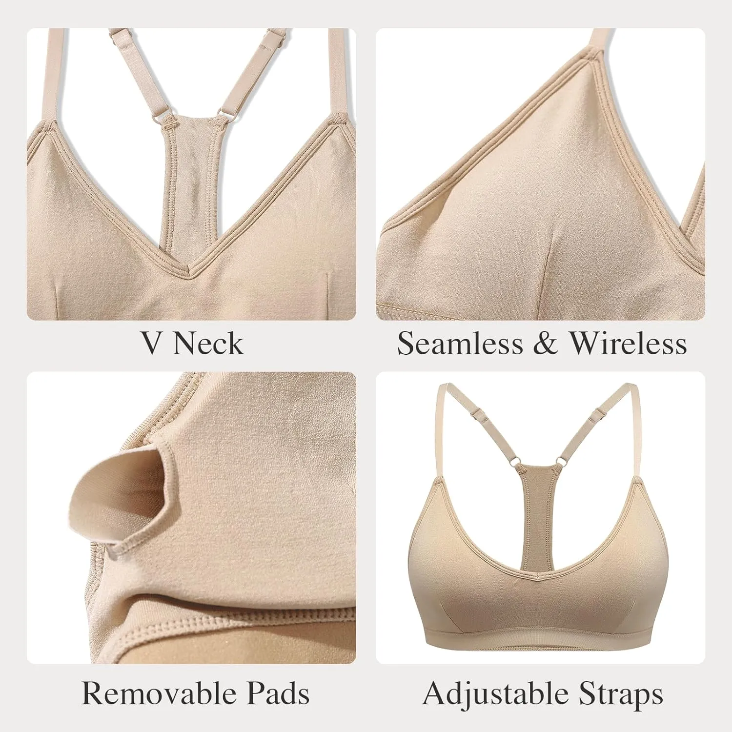 INIBUD Sports Bras for Women Racerback Triangle Padded Bralette Y Back Seamless Bra No Underwire V Neck Wireless