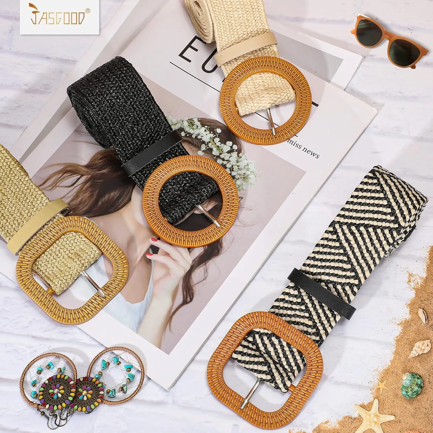 JASGOOD Straw Woven Elastic Stretch Belts Women Raffia Dress Waist Band Boho Ladies Braided Dress Belts