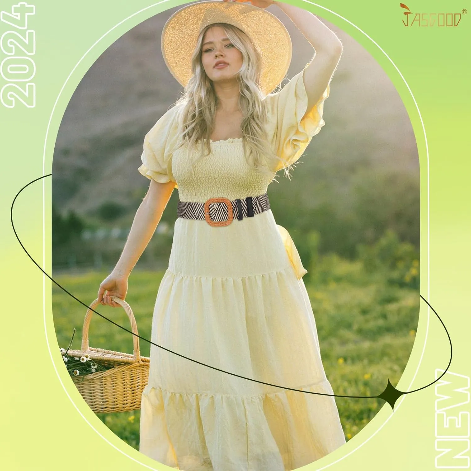 JASGOOD Straw Woven Elastic Stretch Belts Women Raffia Dress Waist Band Boho Ladies Braided Dress Belts