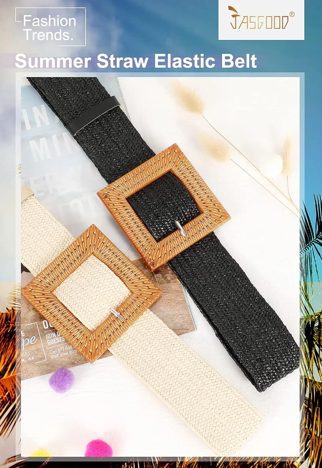 JASGOOD Straw Woven Elastic Stretch Belts Women Raffia Dress Waist Band Boho Ladies Braided Dress Belts
