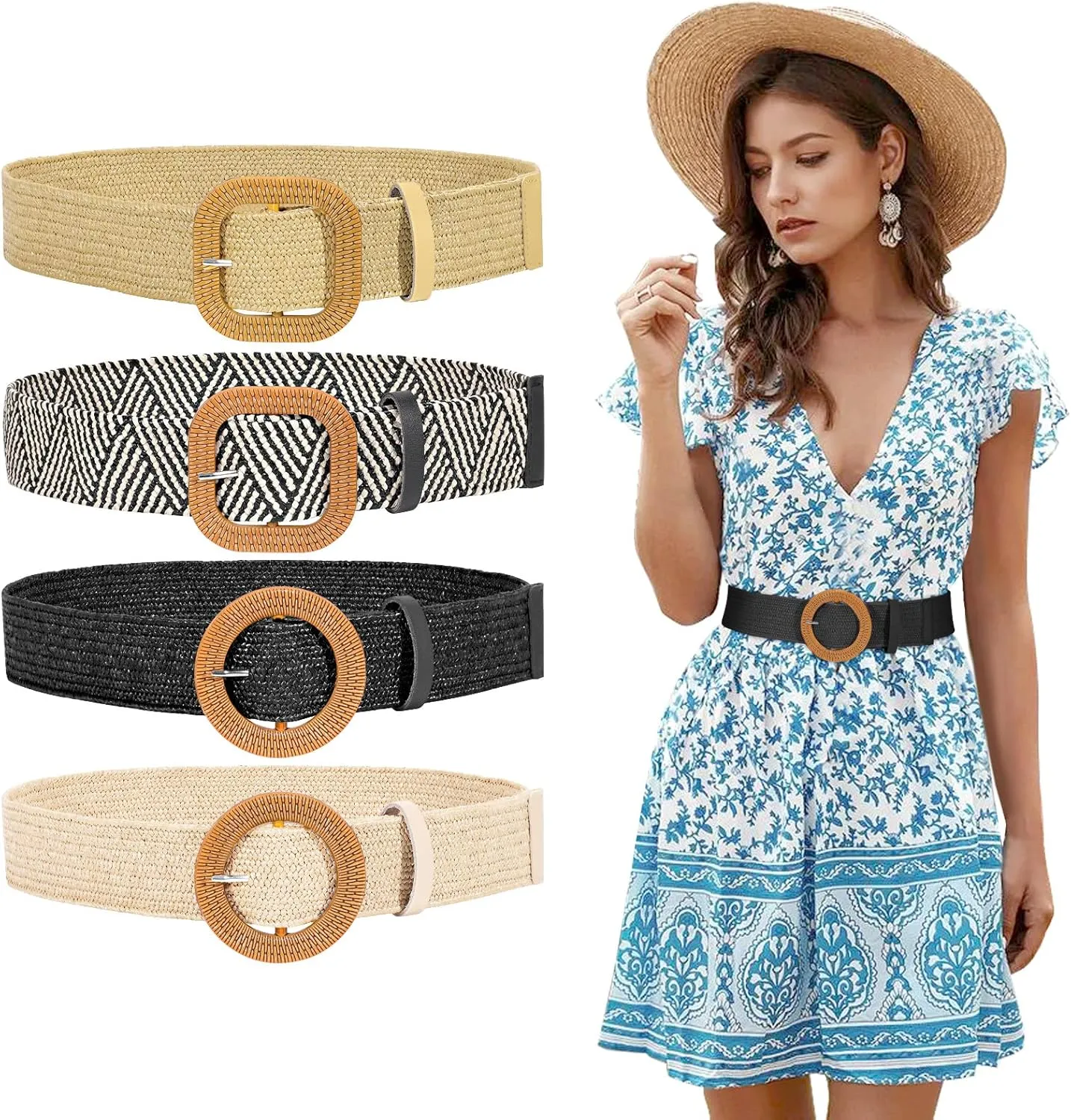 JASGOOD Straw Woven Elastic Stretch Belts Women Raffia Dress Waist Band Boho Ladies Braided Dress Belts