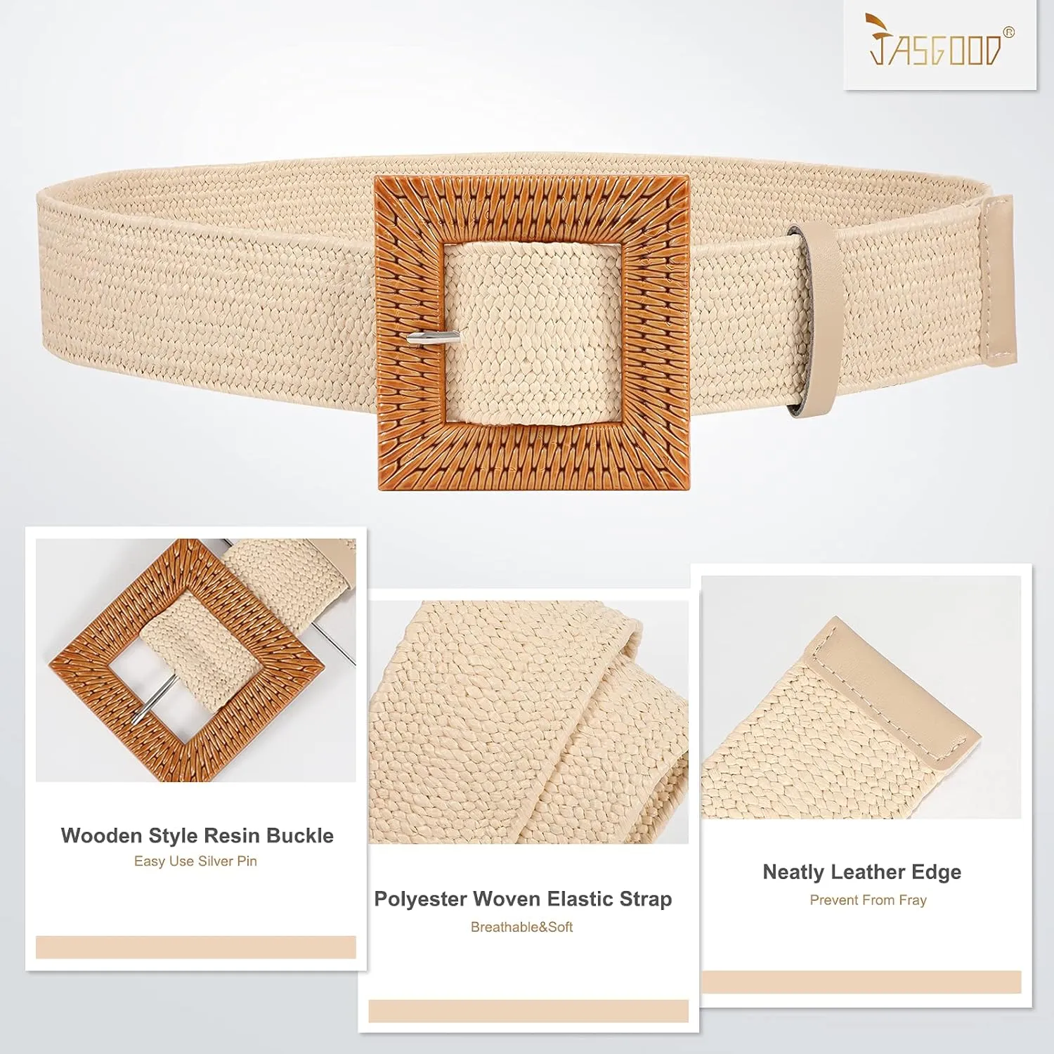 JASGOOD Straw Woven Elastic Stretch Belts Women Raffia Dress Waist Band Boho Ladies Braided Dress Belts