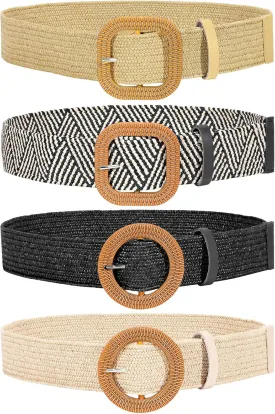 JASGOOD Straw Woven Elastic Stretch Belts Women Raffia Dress Waist Band Boho Ladies Braided Dress Belts