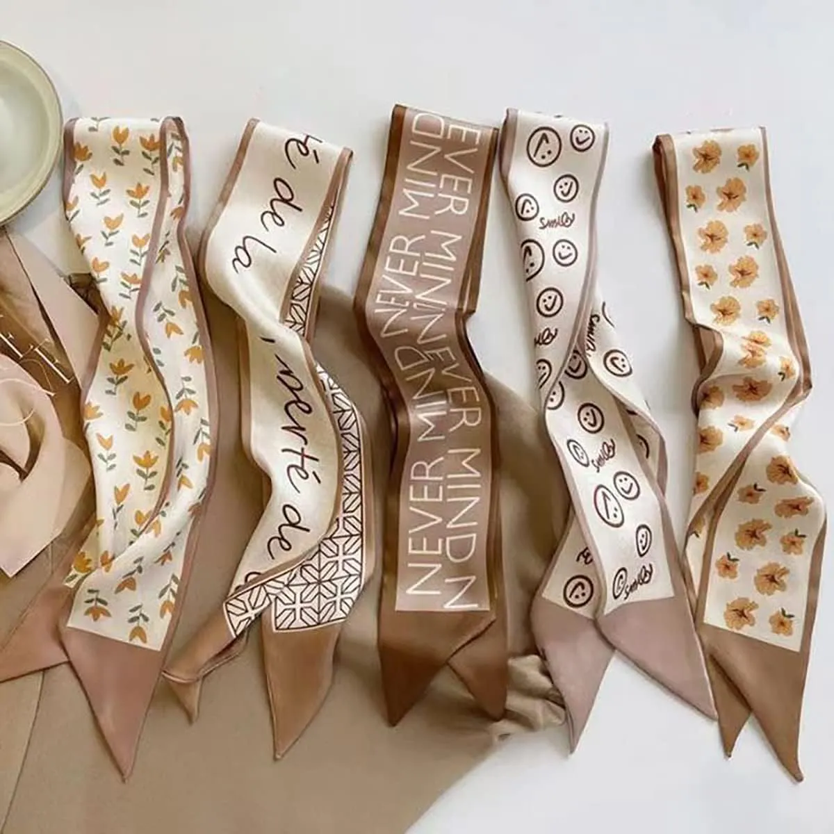 NCDUANSAN Retro small silk scarf girl heart spring and summer narrow ribbon headband headband bag long scarf headdress