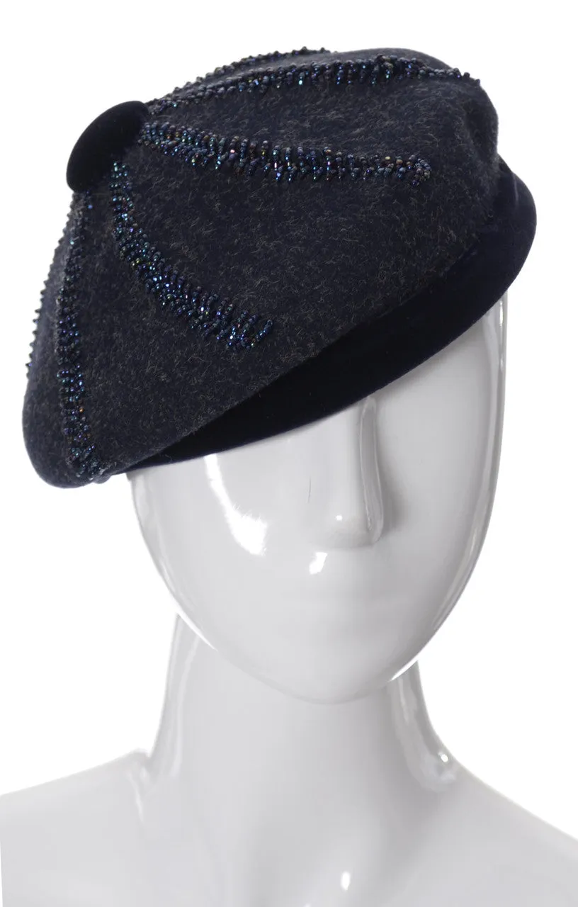 Nicholas Ungar beaded Navy Blue Wool beret vintage hat