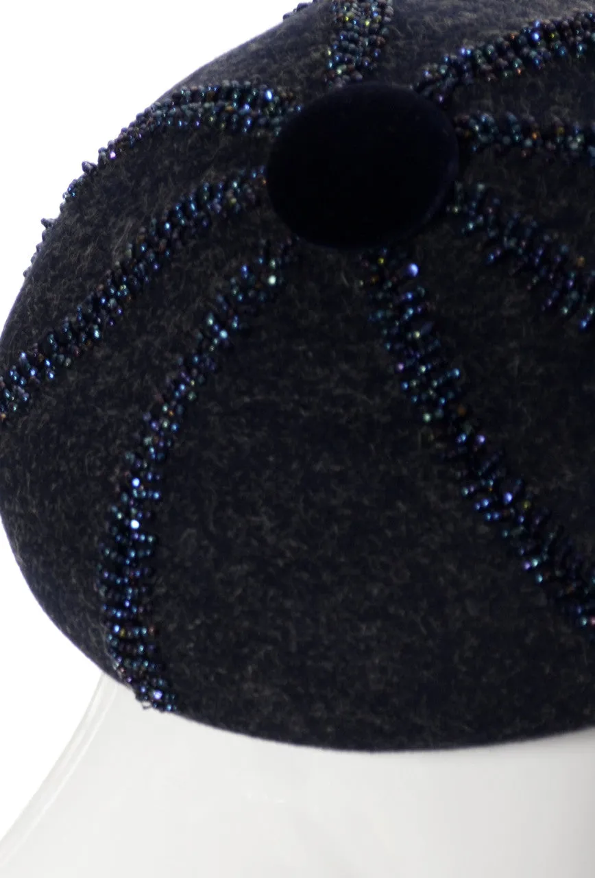 Nicholas Ungar beaded Navy Blue Wool beret vintage hat