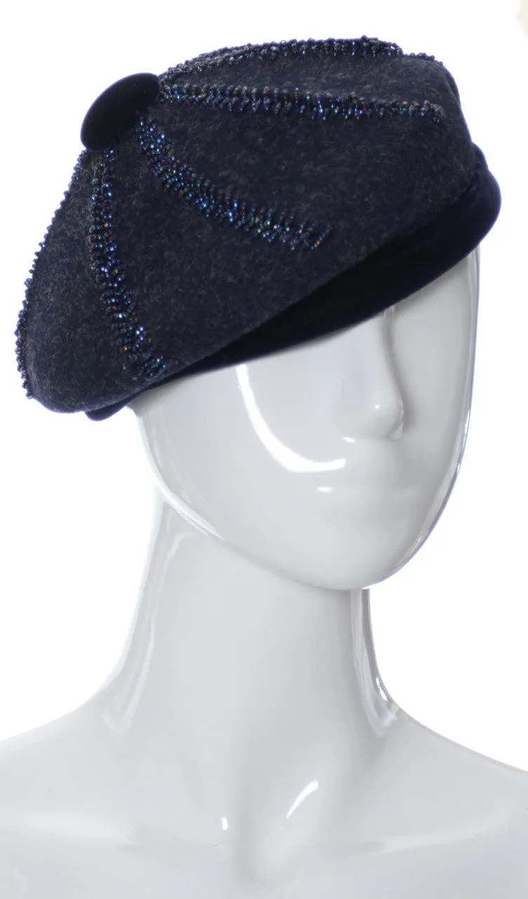 Nicholas Ungar beaded Navy Blue Wool beret vintage hat