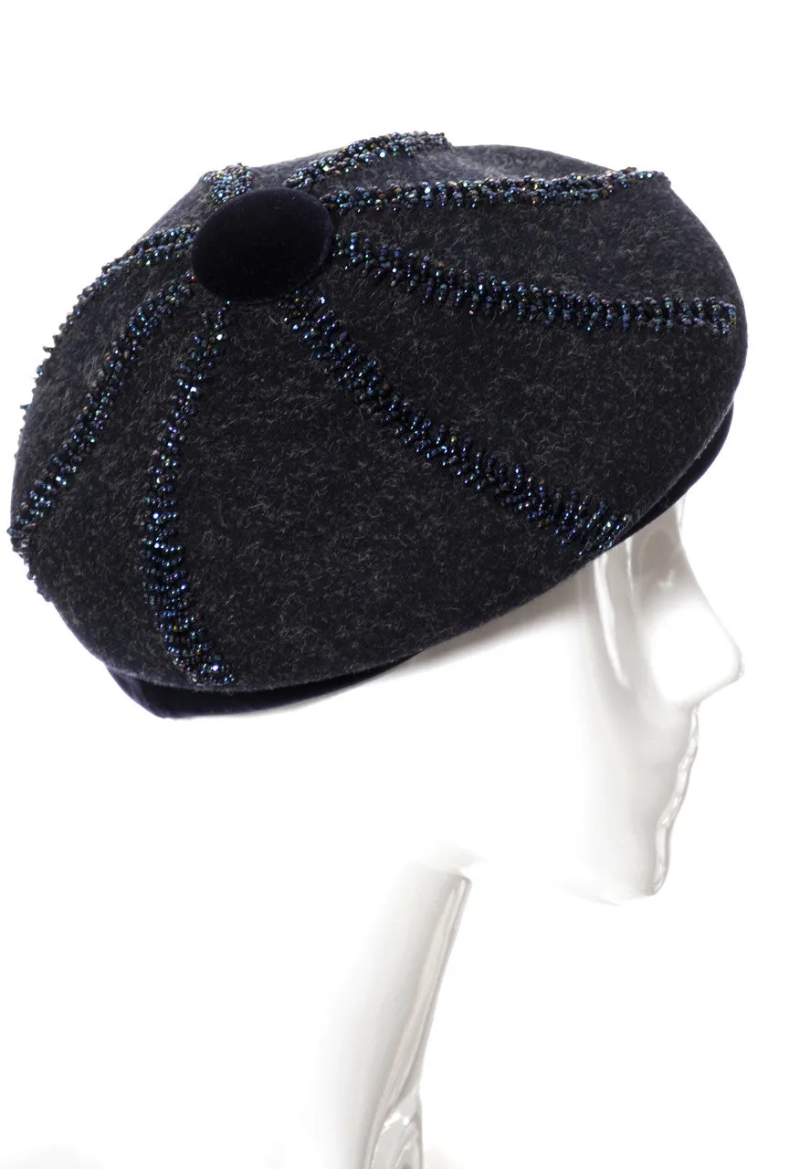 Nicholas Ungar beaded Navy Blue Wool beret vintage hat