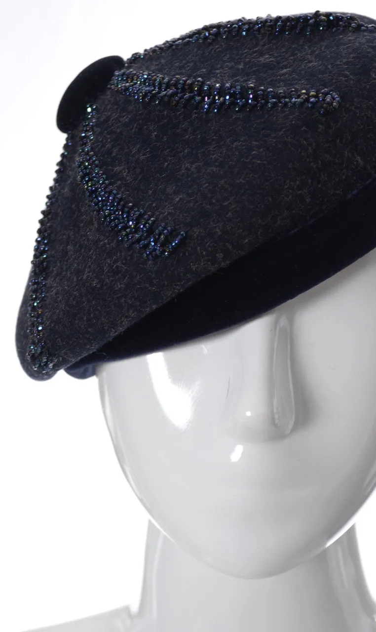 Nicholas Ungar beaded Navy Blue Wool beret vintage hat