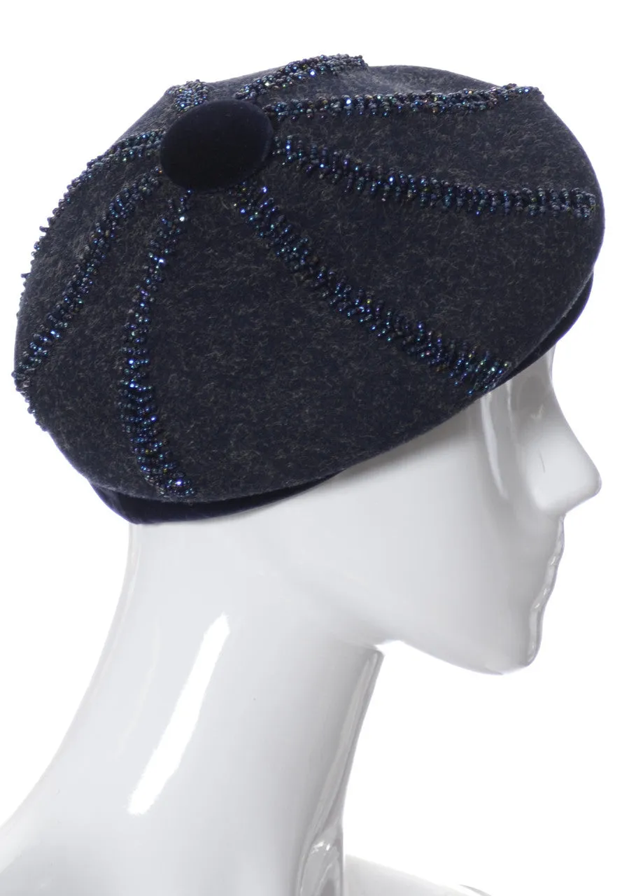 Nicholas Ungar beaded Navy Blue Wool beret vintage hat
