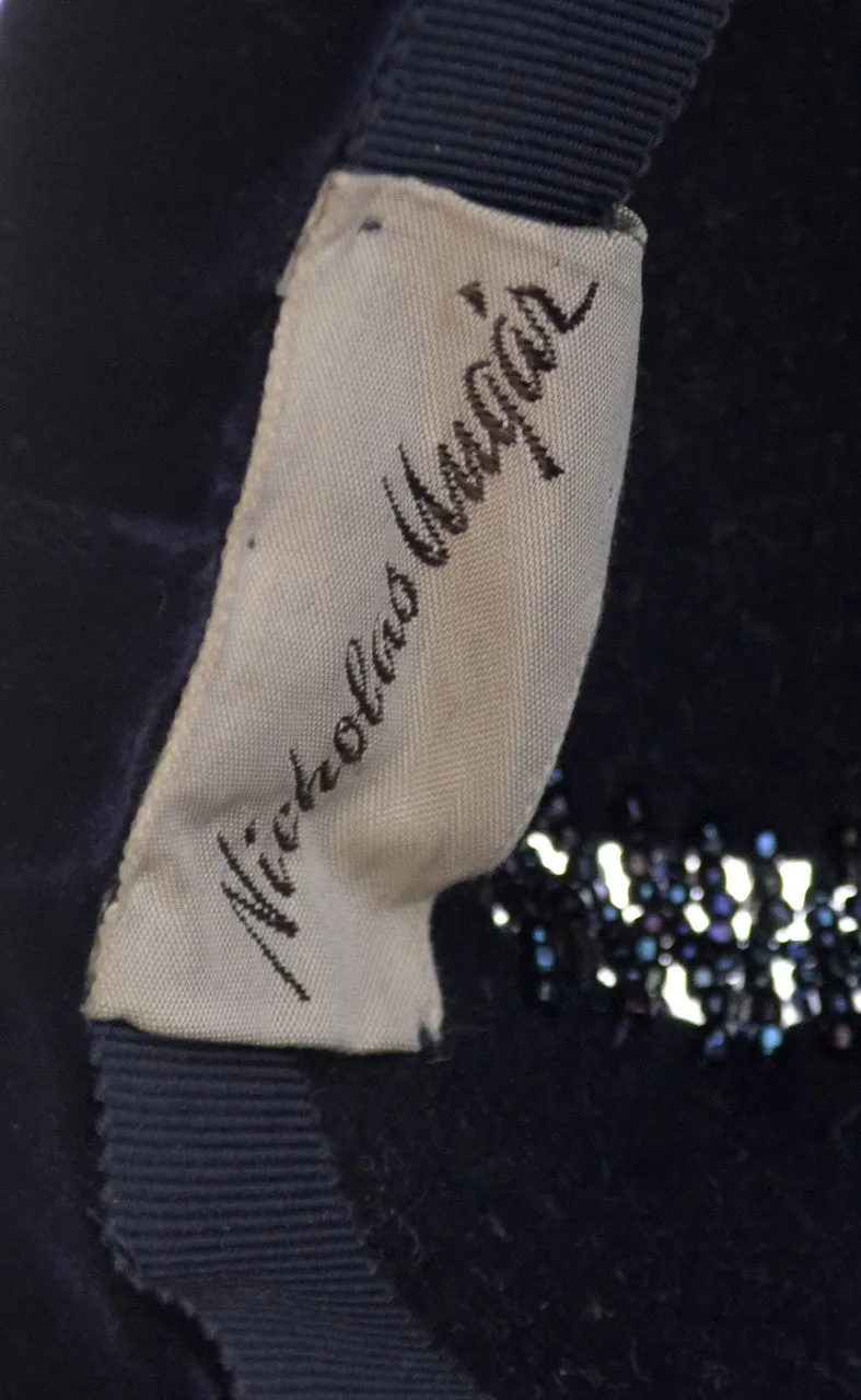 Nicholas Ungar beaded Navy Blue Wool beret vintage hat