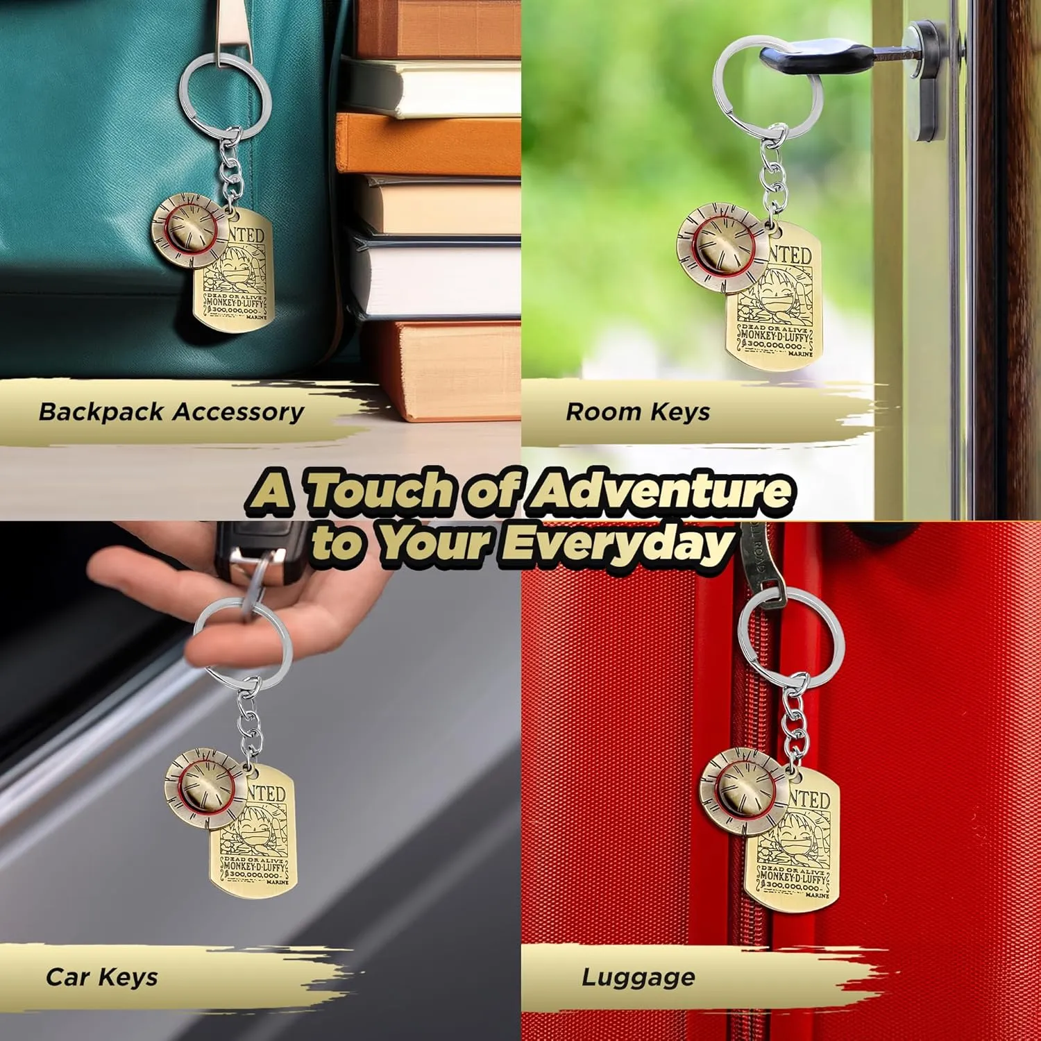 One Piece Keychain, Premium Gold Finish Luffy Collectible, One Piece Merch with Straw Hat & Wanted Tag