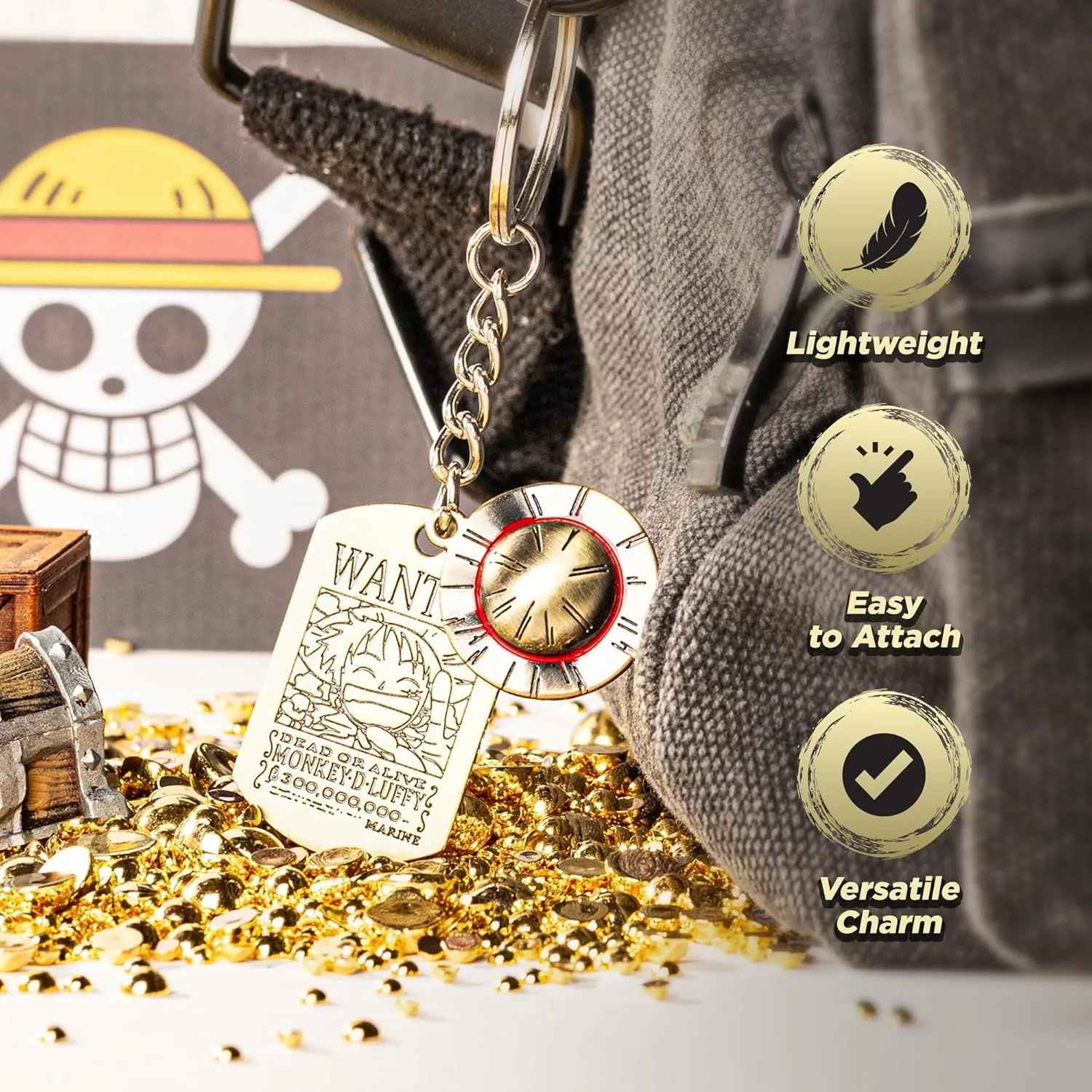 One Piece Keychain, Premium Gold Finish Luffy Collectible, One Piece Merch with Straw Hat & Wanted Tag