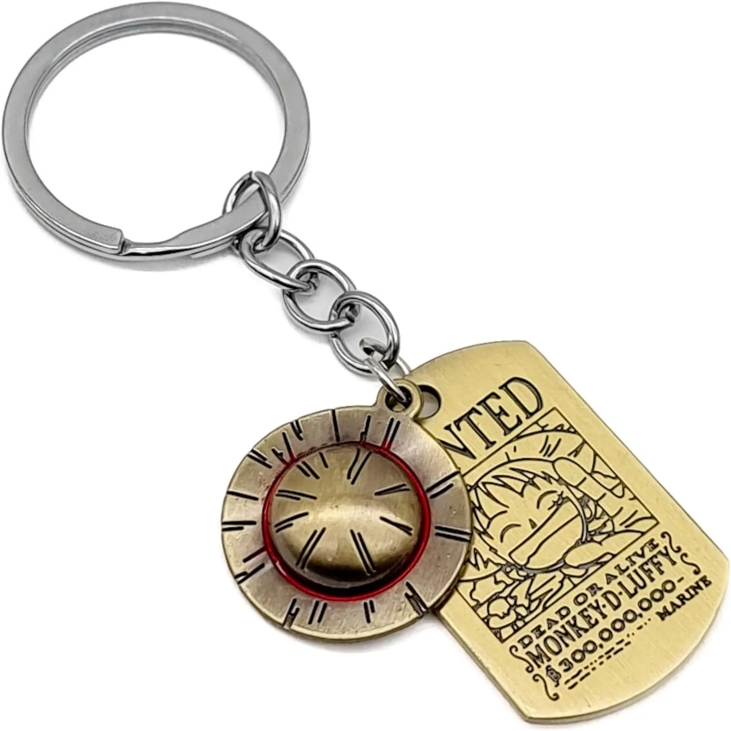 One Piece Keychain, Premium Gold Finish Luffy Collectible, One Piece Merch with Straw Hat & Wanted Tag