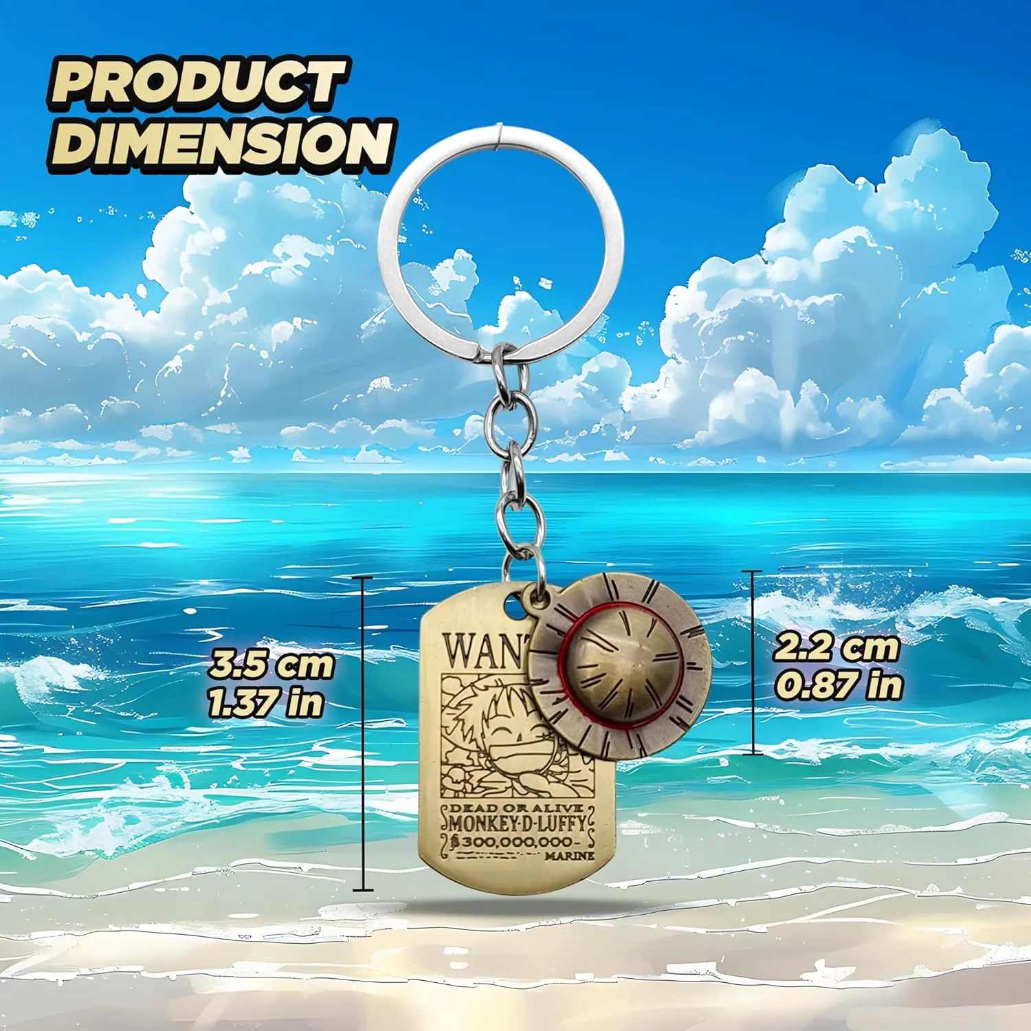 One Piece Keychain, Premium Gold Finish Luffy Collectible, One Piece Merch with Straw Hat & Wanted Tag