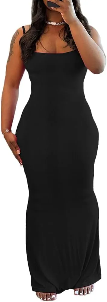 PINSV Women Summer Long Dress Casual Slip Sexy Sleeveless Bodycon Maxi Dresses for Women