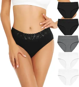 RHYFF Womens Underwear Cotton Bikini Panties Lace Soft Hipster Panty Ladies Stretch Full Briefs 5 Pack