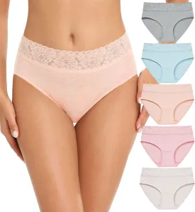 RHYFF Womens Underwear Cotton Bikini Panties Lace Soft Hipster Panty Ladies Stretch Full Briefs 5 Pack