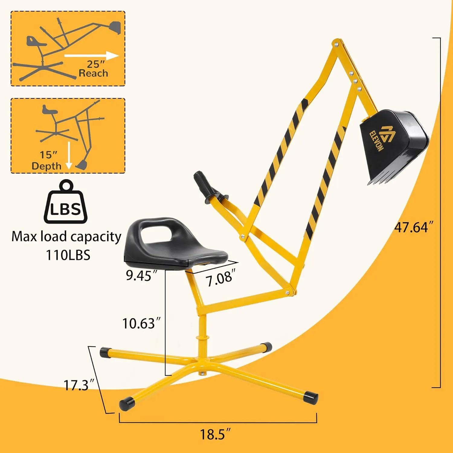 Sand Digger Kids Excavator Ride On Toy, Beach Toys Outdoor Sandbox Toy Digger, Steel Excavator Crane Rotates 360 with Stabilizing Base, Sand Toys Backyard Sandbox, Dirt and Snow - Yellow