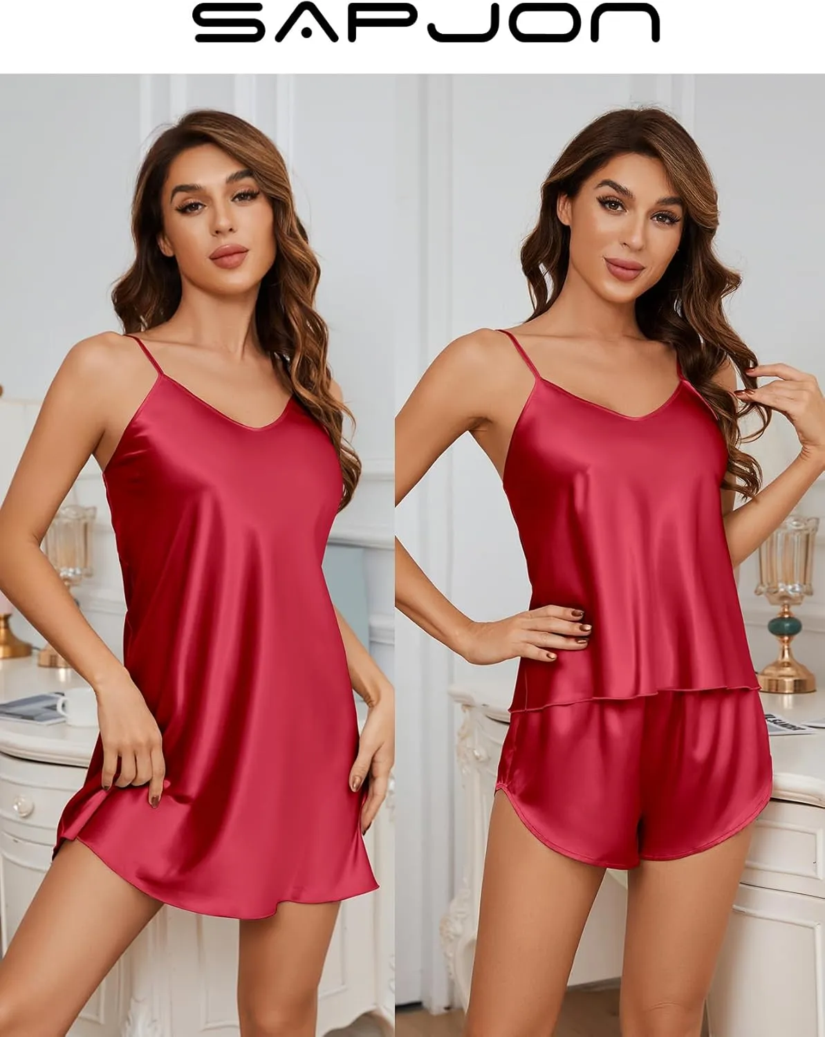 SAPJON Silk Pajamas for Women 5Pcs Sleepwear Loungewear Satin Robe Cami Shorts Pj Set