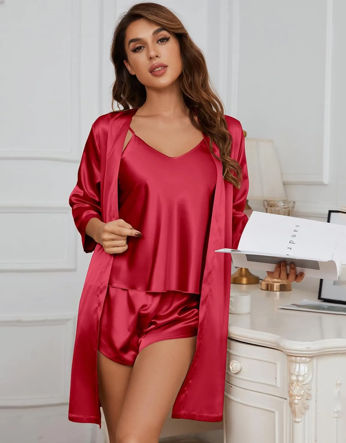 SAPJON Silk Pajamas for Women 5Pcs Sleepwear Loungewear Satin Robe Cami Shorts Pj Set