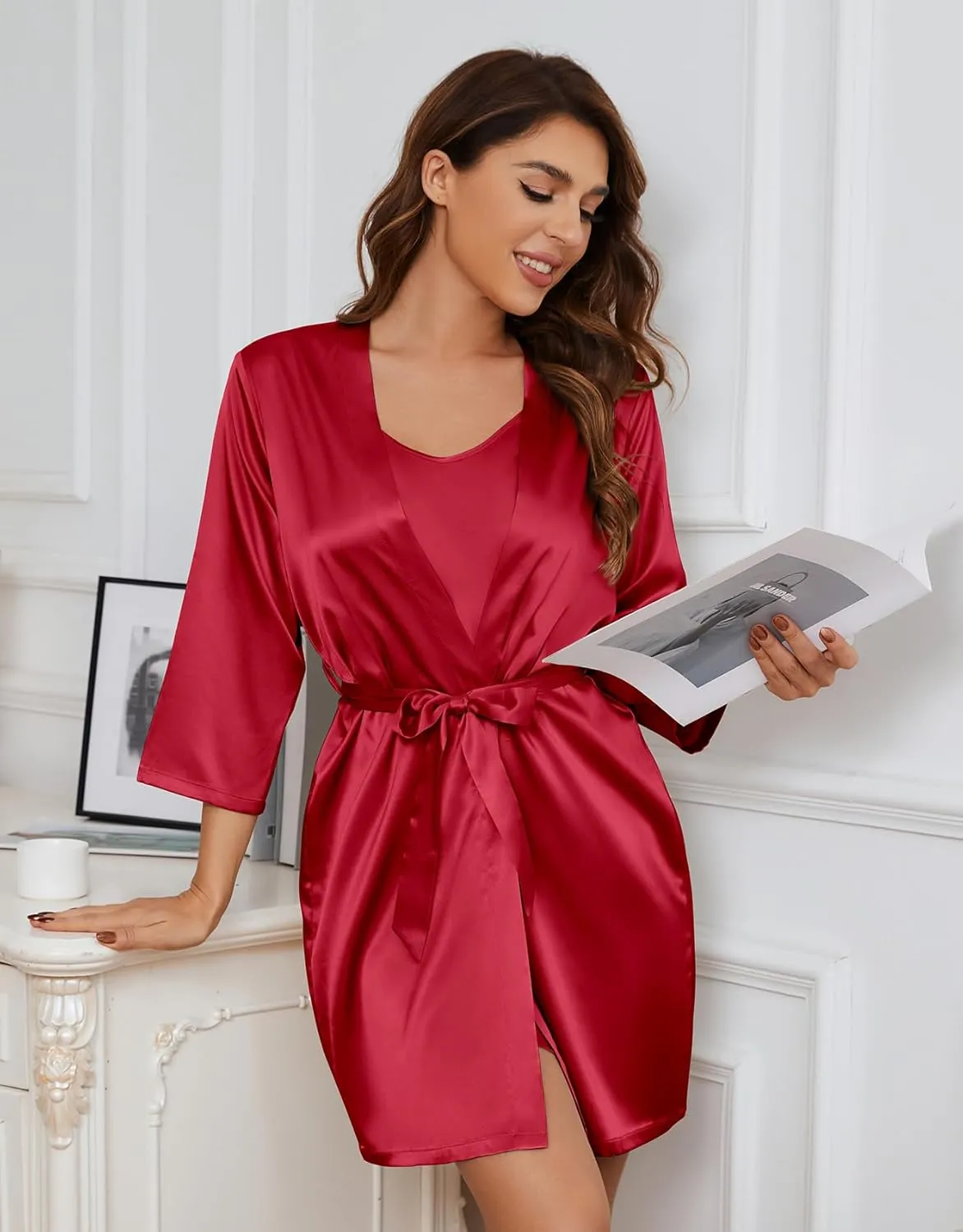SAPJON Silk Pajamas for Women 5Pcs Sleepwear Loungewear Satin Robe Cami Shorts Pj Set