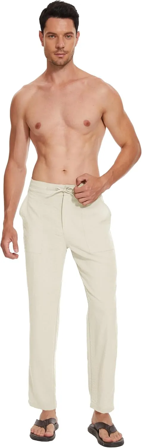 SEVEGO Mens Casual Linen Pants 30''/32''/34''/36'' Elastic Waist Drawstring Straight-Legs Summer Beach Loose Fit Trouser