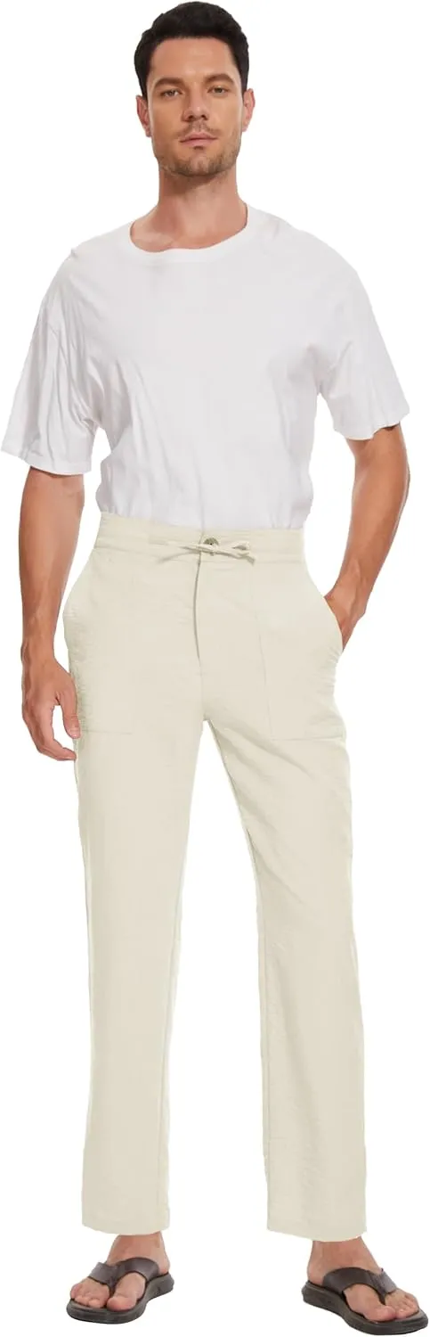SEVEGO Mens Casual Linen Pants 30''/32''/34''/36'' Elastic Waist Drawstring Straight-Legs Summer Beach Loose Fit Trouser