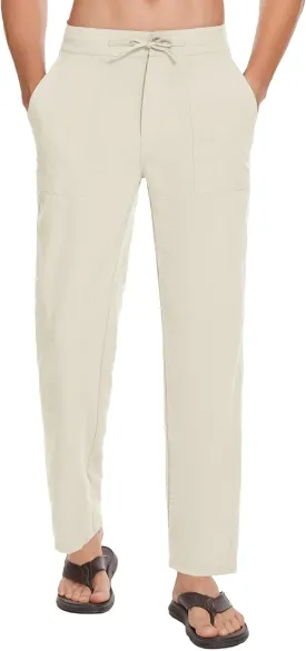SEVEGO Mens Casual Linen Pants 30''/32''/34''/36'' Elastic Waist Drawstring Straight-Legs Summer Beach Loose Fit Trouser