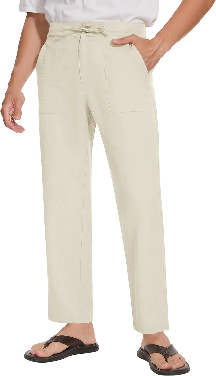 SEVEGO Mens Casual Linen Pants 30''/32''/34''/36'' Elastic Waist Drawstring Straight-Legs Summer Beach Loose Fit Trouser