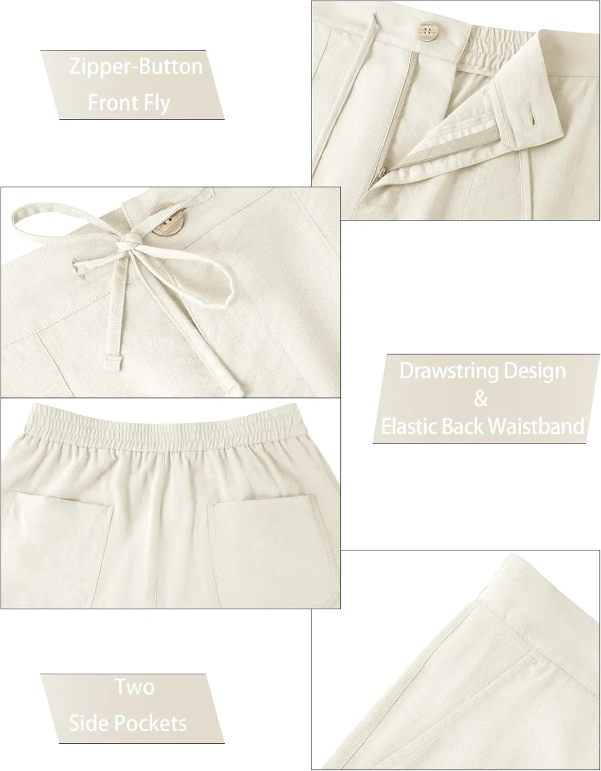 SEVEGO Mens Casual Linen Pants 30''/32''/34''/36'' Elastic Waist Drawstring Straight-Legs Summer Beach Loose Fit Trouser