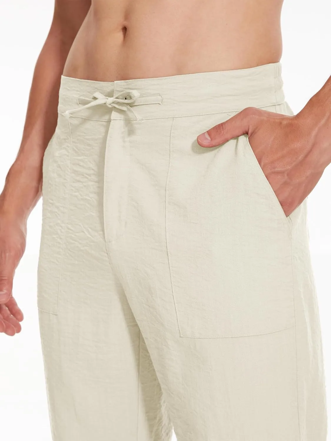 SEVEGO Mens Casual Linen Pants 30''/32''/34''/36'' Elastic Waist Drawstring Straight-Legs Summer Beach Loose Fit Trouser