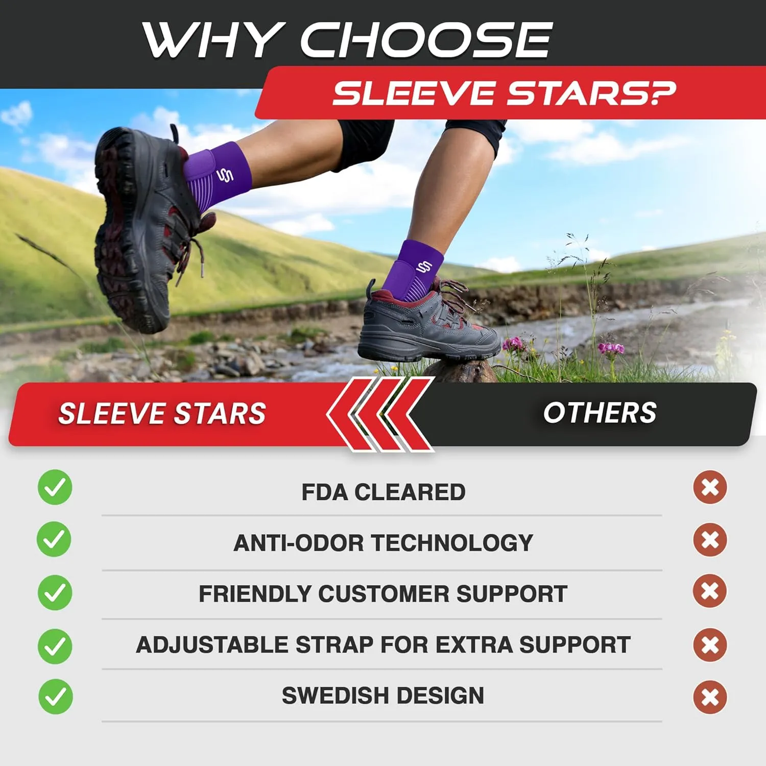 Sleeve Stars Ankle Brace for Sprained Ankle, Plantar Fasciitis Relief Ankle Support for Women, Ankle Compression Sleeve w/ Strap (Single/Dark Purple)