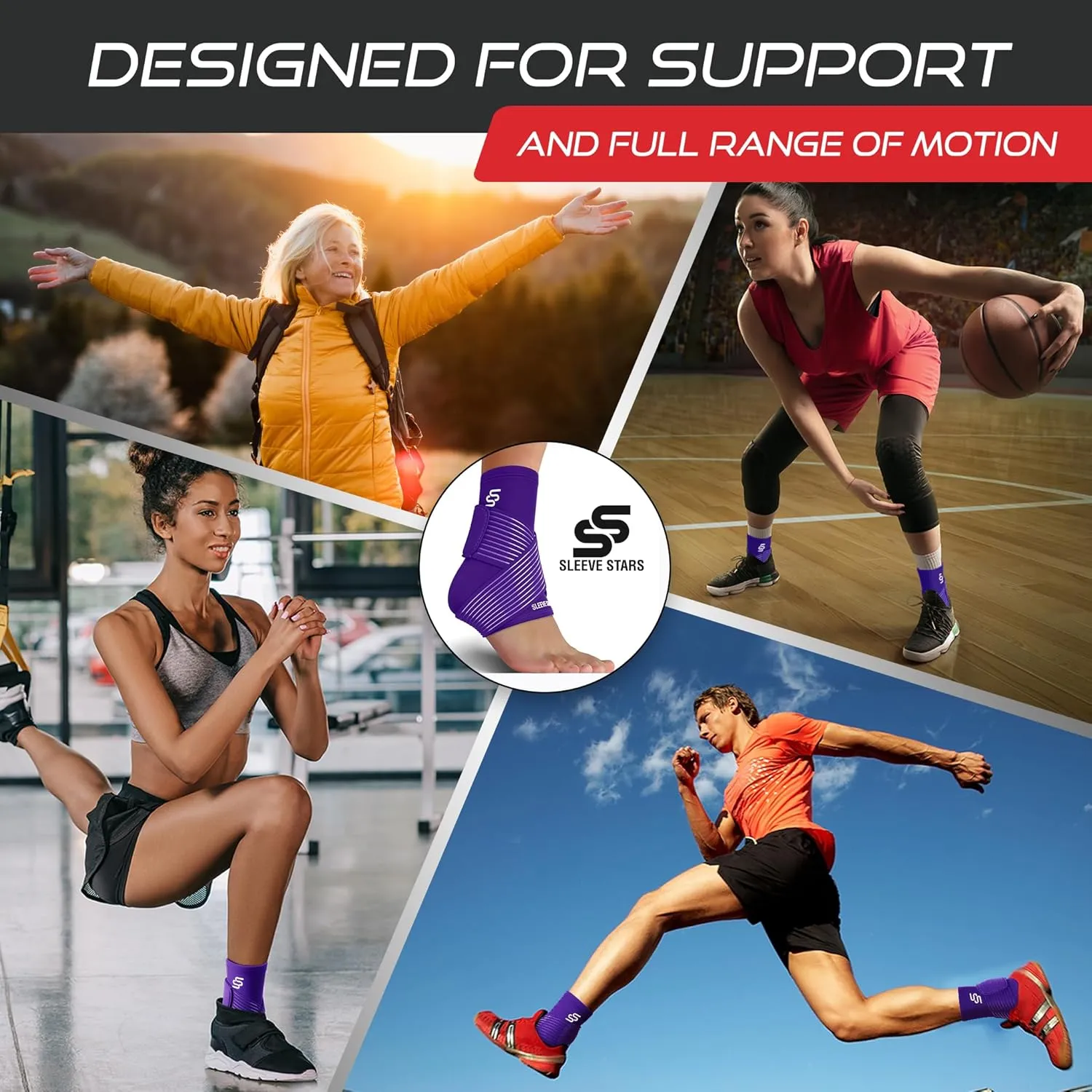 Sleeve Stars Ankle Brace for Sprained Ankle, Plantar Fasciitis Relief Ankle Support for Women, Ankle Compression Sleeve w/ Strap (Single/Dark Purple)