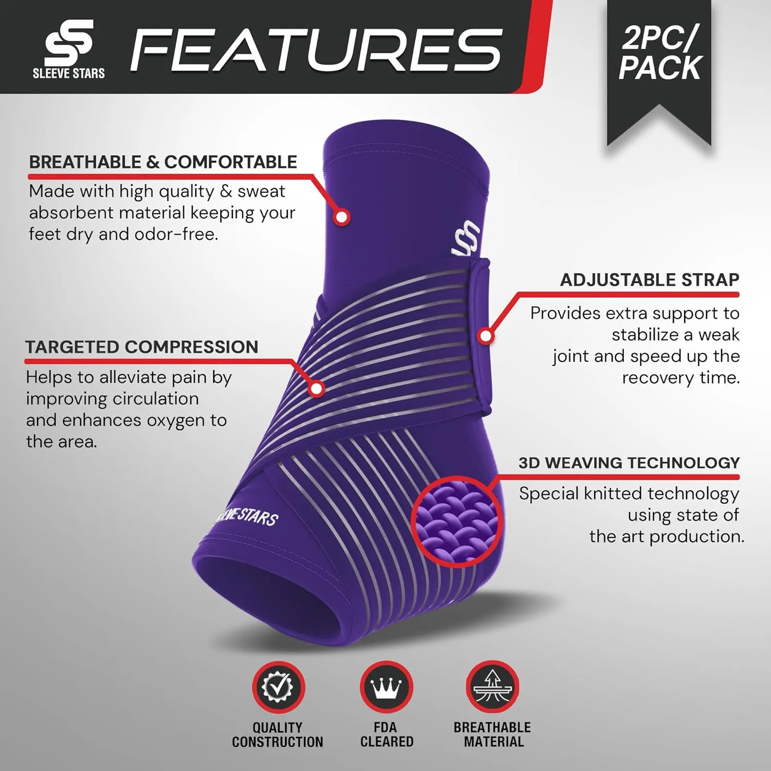 Sleeve Stars Ankle Brace for Sprained Ankle, Plantar Fasciitis Relief Ankle Support for Women, Ankle Compression Sleeve w/ Strap (Single/Dark Purple)