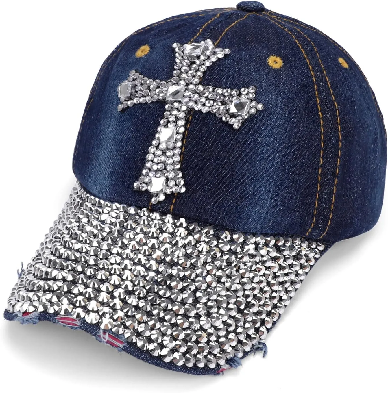 Song Qing Jean Snapback Hat Women Men Bling Cross Rhinestones Denim Baseball Cap