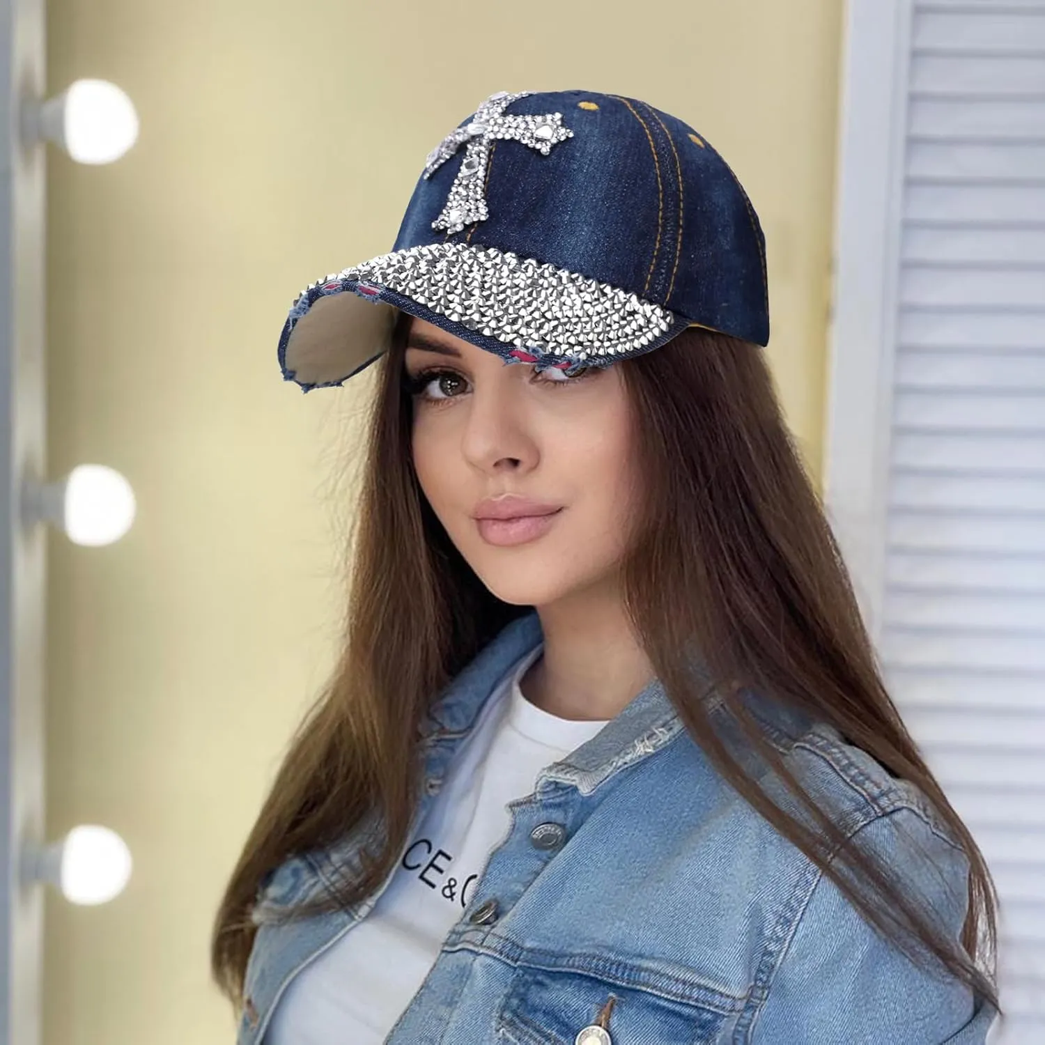 Song Qing Jean Snapback Hat Women Men Bling Cross Rhinestones Denim Baseball Cap