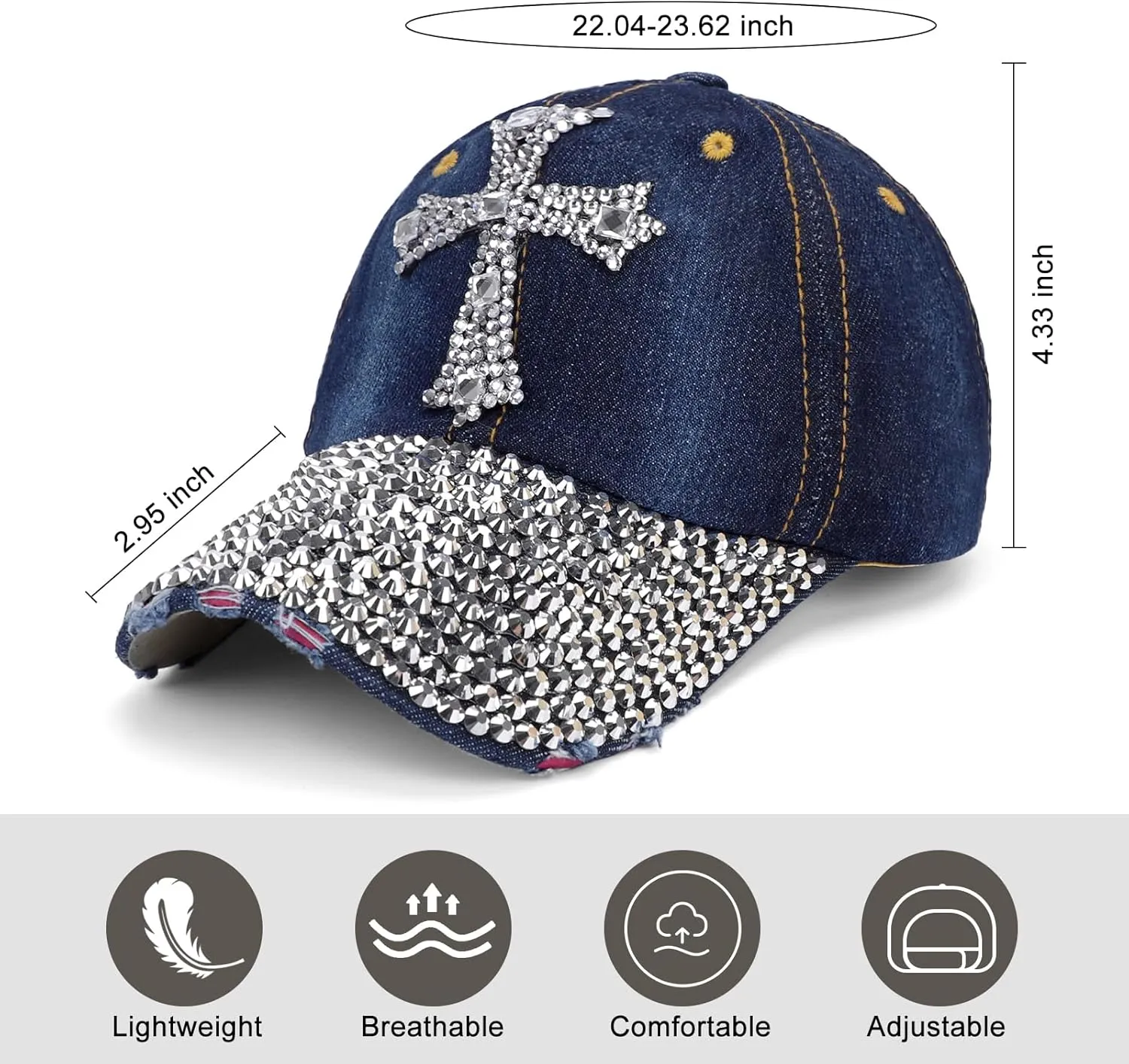 Song Qing Jean Snapback Hat Women Men Bling Cross Rhinestones Denim Baseball Cap